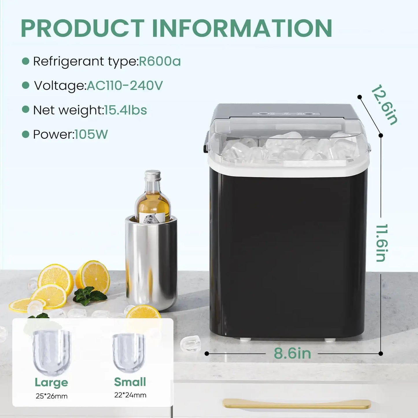 Countertop Ice Maker - Fast, Self-Cleaning, 2 Bullet Sizes